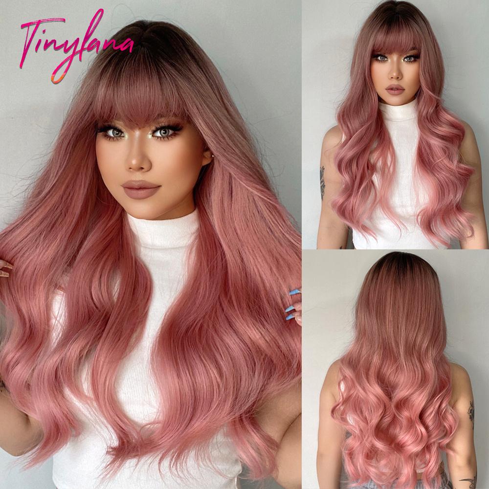 Light Pink Long Wavy Cosplay Synthetic Hair Wigs with Bangs for White Women Afro Lolita Water Wave Halloween Heat Reisitant Wig