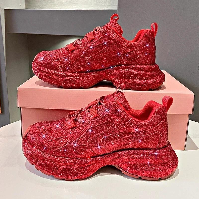 Women Sneakers Spring Lace-Up High Heel Platform Lace Up Silver Crystal Casual Working Shoes Wearing Night Running Shoes Outside