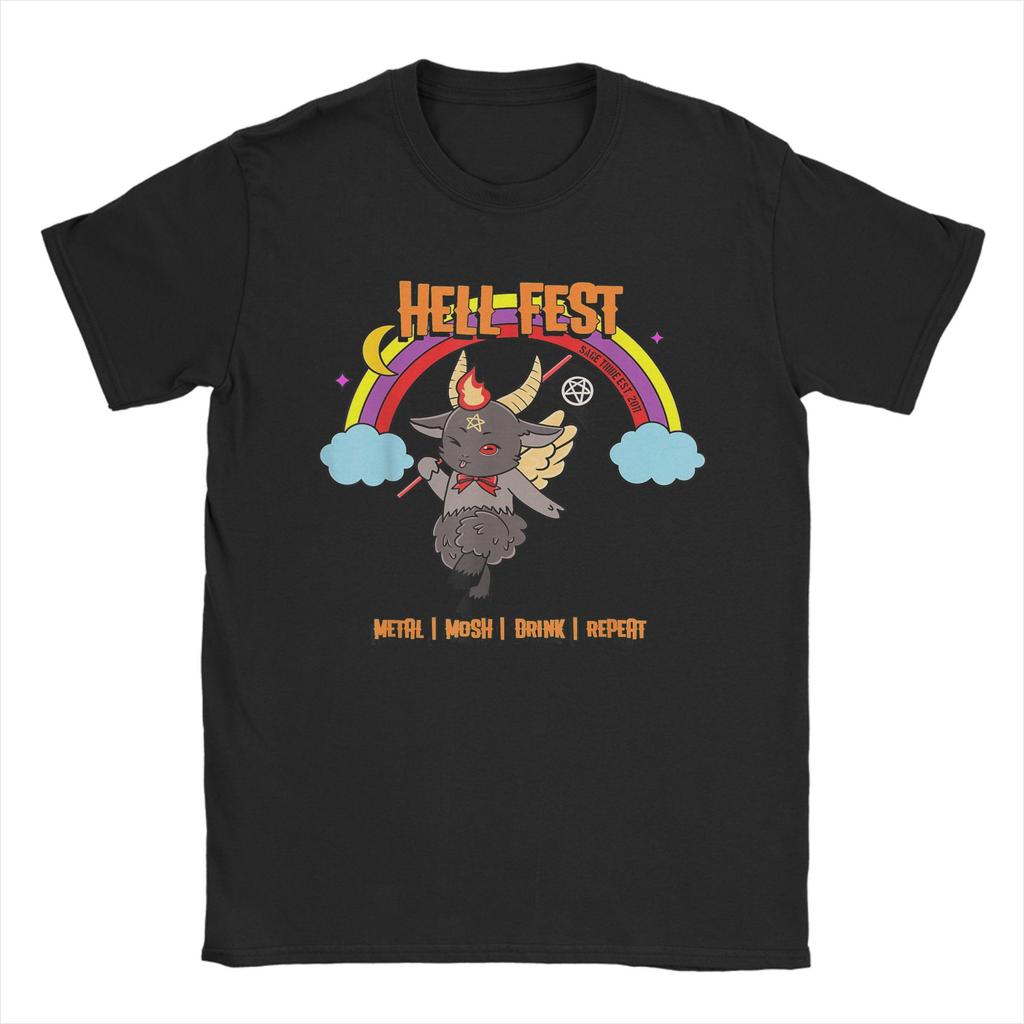 Herren HellFests Baphomet Festival T-Shirts Metal Mosh Drink Repeat Baumwoll-Tops Kurzarm Rundhals T-Shirts Übergröße T-Shirt