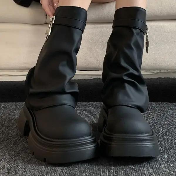 Heel Boots Shoes  Round Toe Luxury Designer Boots-Women Elegant Lolita Autumn Rock Ladies Fashion Ankle  Solid Slip