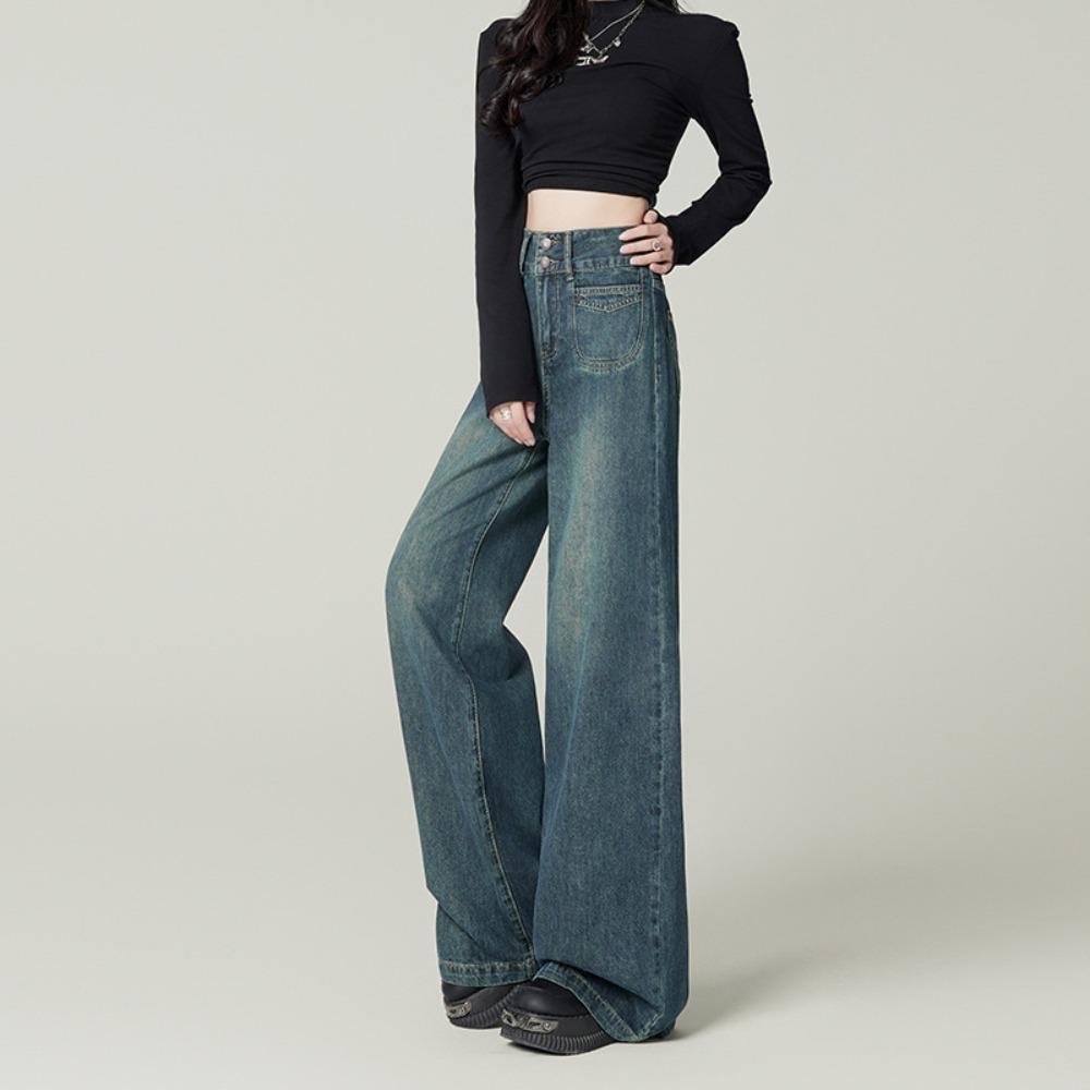 

Personalized wide-leg jeans women s spring and autumn new high-waisted loose and thin drape versatile floor-mopping jeans 2XL