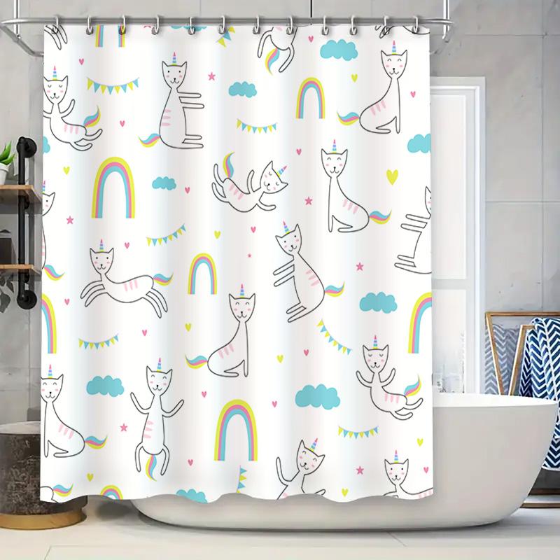 

Whimsical Cats With Unicorns Shower Curtain For Bathroom Decor White, Pastel Colors, Rainbows Clouds Pattern Size 72X72 Inches W60H190(CM)-1 Pcs