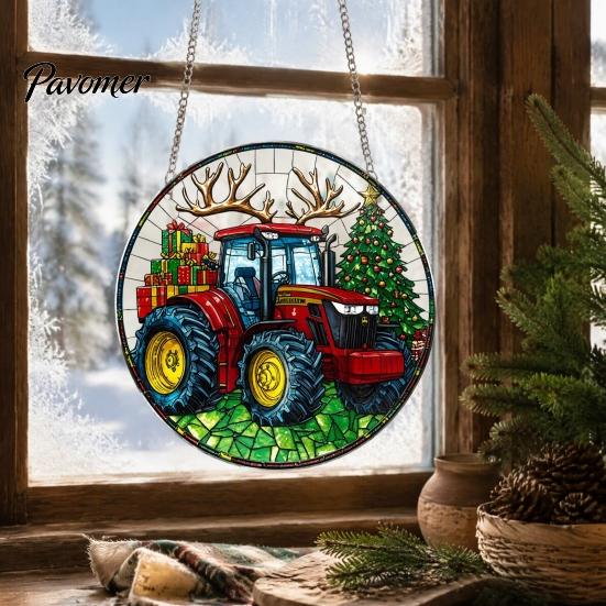 Seasonal Hanging Decor Christmas Wreath Acrylic Ornament, 2D Flat Stained Glass Style Transparent Decoration, Double-sided Decorative Pendant