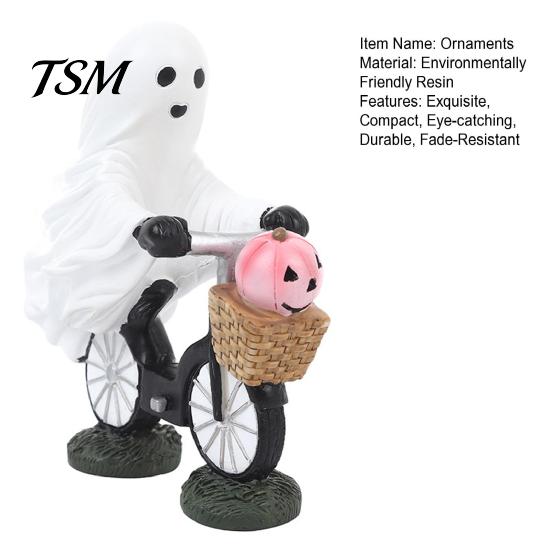 Creative Halloween Party Ornament Ghost Riding Bicycle Resin Figurine, Spooky Desk Shelf Decor for Bike Home Entryway, Hand-Painted Creepy Cute