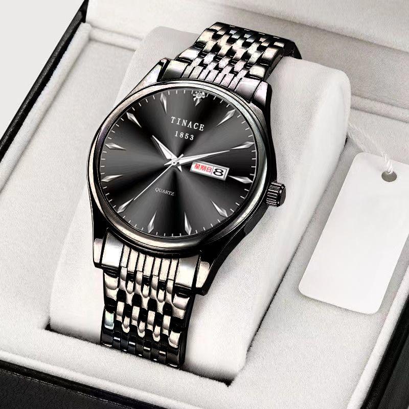 Mechanische Herren-Quarzuhr mit Doppeltem Kalender, Wasserdicht, Leuchtend im Dunkeln, Stahlbanduhr, Geschäftsuhr, Vollautomatisch