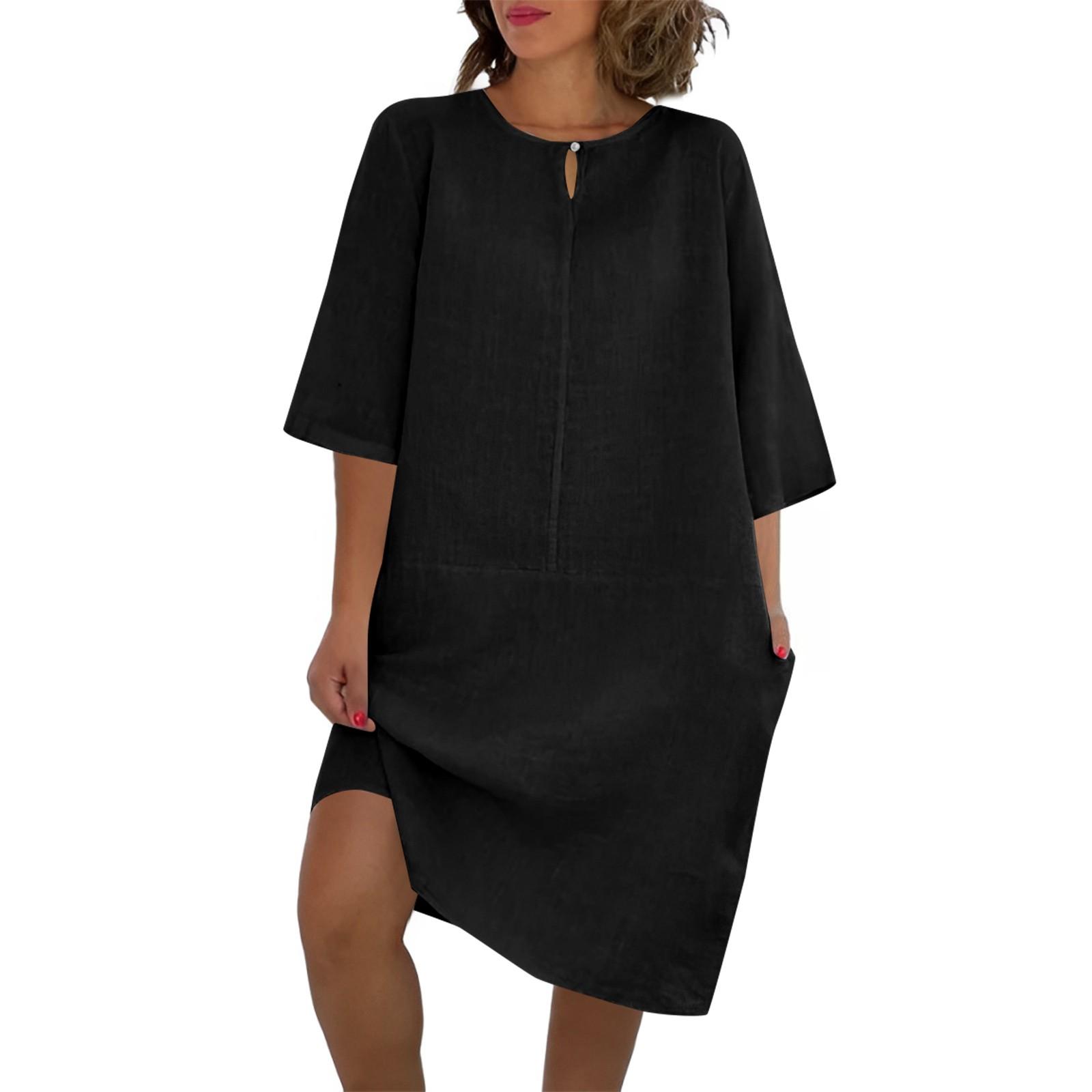 

Women s New Summer Seven-point Sleeve Cotton And Linen Small V-neck Patchwork Vintage Solid Color Dress L чорний