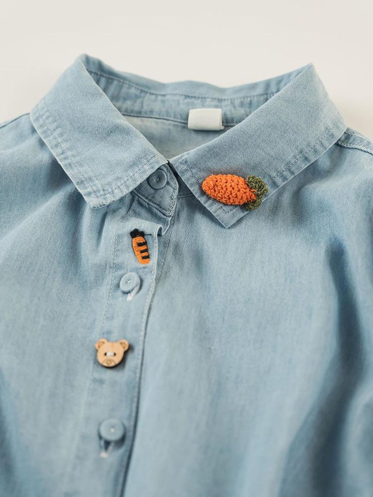 Women's Retro Cartoon Embroidered Cotton Denim Shirt - Long Sleeve, Casual Top for Spring/Autumn 2025