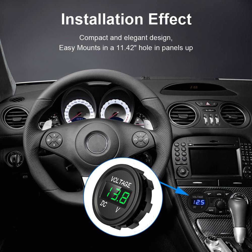 Car Voltmeter Digital LED Display Mini Round Voltage Battery Volt Tester Gauge Meter for Motorcycle Boat Marine Truck ATV UTV