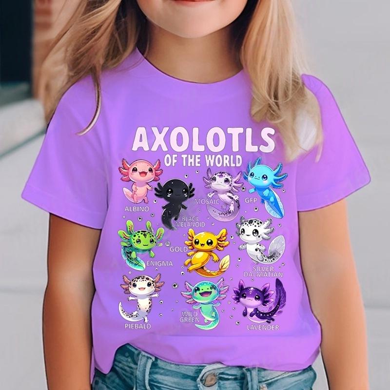 Colorful Cartoon Axolotls Graphic 3D Print T-Shirt Summer Casual Comfy Girls Clothes  Short Sleeve T-Shirt for Children Top