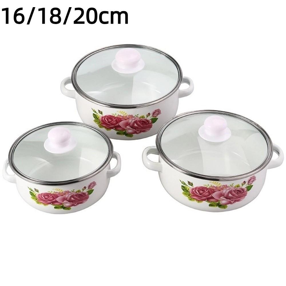 3pcs 16/18/20cm Enamel Pot Visible Floral Stew Soup Pot Multi-Purpose with Lid Kitchen Cookware Set Gas Induction Cooker