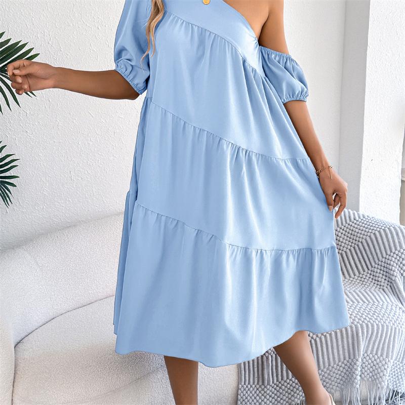 2026 Spring Summer Women's Off Shoulder Short Sleeved Ruffled Hem Long Skirt S-XL