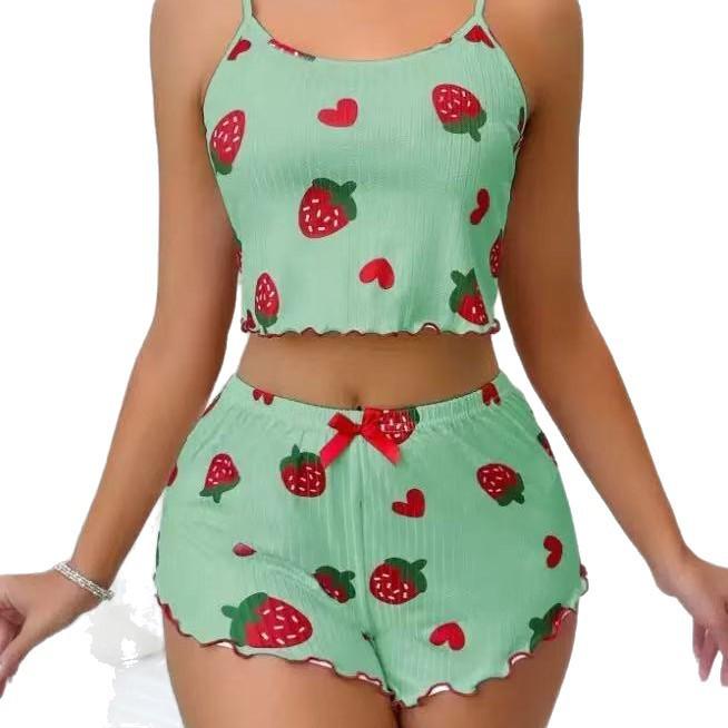 Heart Print Spaghetti Strap Knit Pajama Set – Women's Casual European & American Style Homewear, Wearable Outdoors