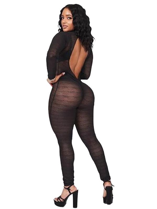 Women's Spicy See-Through Mesh Backless Jumpsuit with Long Sleeves