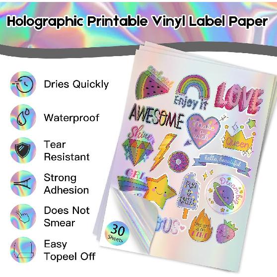 Holographic Printable Vinyl Sticker Paper for Inkjet Printer - 30 Sheets - 8.5" x 11" - Waterproof Labels Paper, Dries Quickly,Vivid Colors,Tear