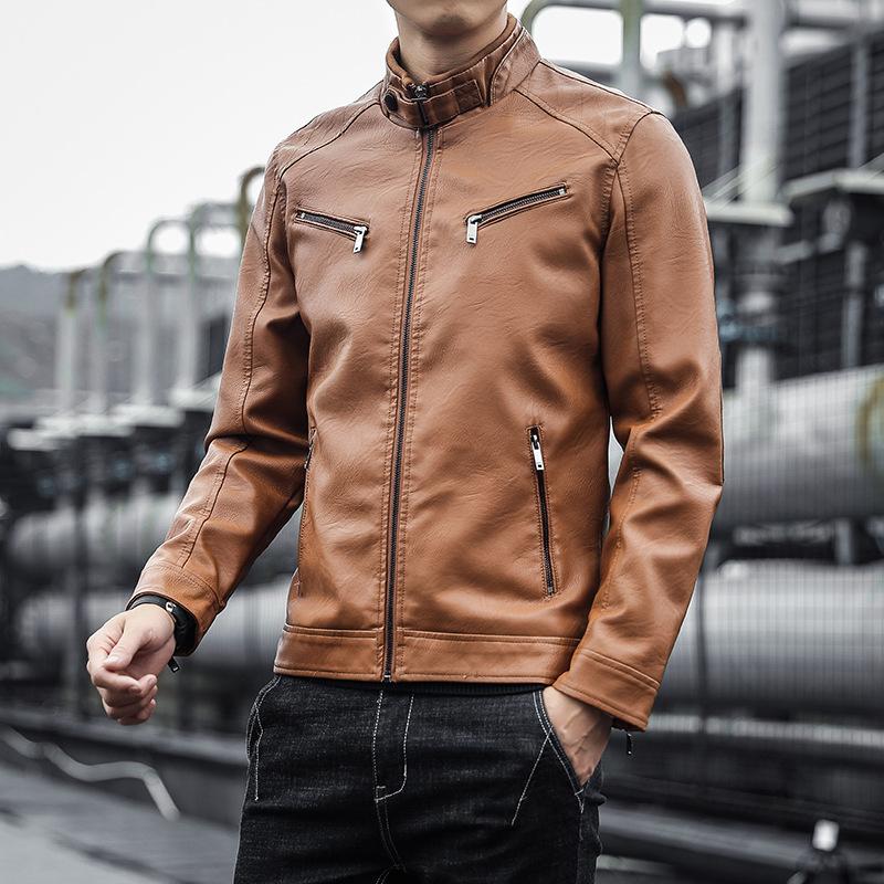 Pánská PU kožená bunda Pánská trendy mládežnická plyšová a silný stojací límec Punková pánská motorkářská kožená bunda