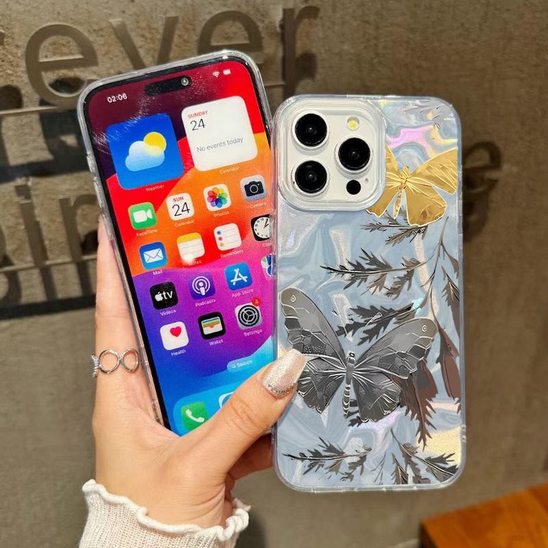 Šedý Vzor Motýlů Pouzdro na Telefon Pro iPhone 17 Air 16e 16 15 14 Pro Max 13 17 Pro Max Nárazuvzdorný TPU Hybridní Tvrdý PC Kryt na Telefon