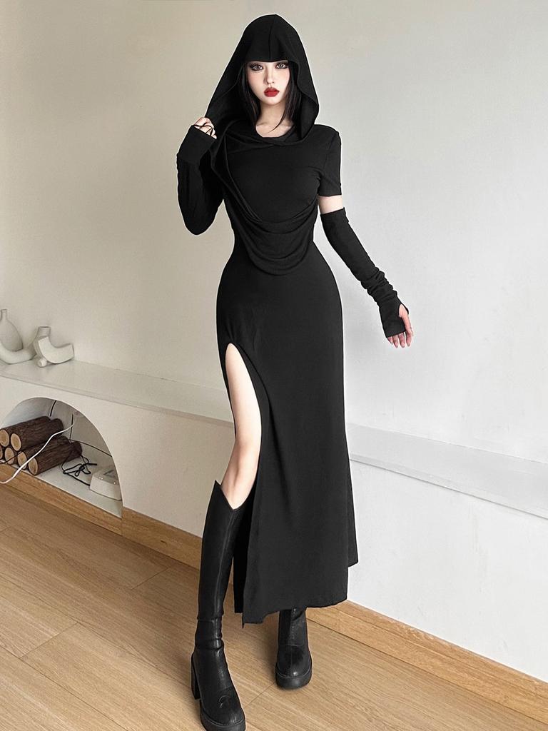 Female Retro Wasteland Style Design Hooded Dress Feminine Temperament Pleated Slim High Slit Spicy Girl