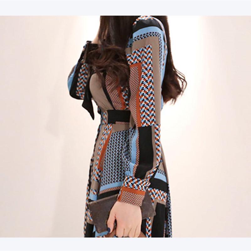 Vintage Print Shirt Dresses Women Elegant Single-Breasted Long Sleeve Lapel Belt Bow Long Robe