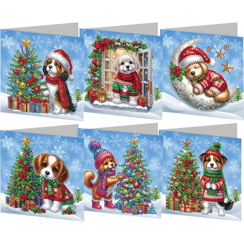 6Pcs Christmas Merry Christmas DIY Diamond Painting Card Dog & Xmas Tree Diamond Drawing Card Gifts for Family Friends and Lover