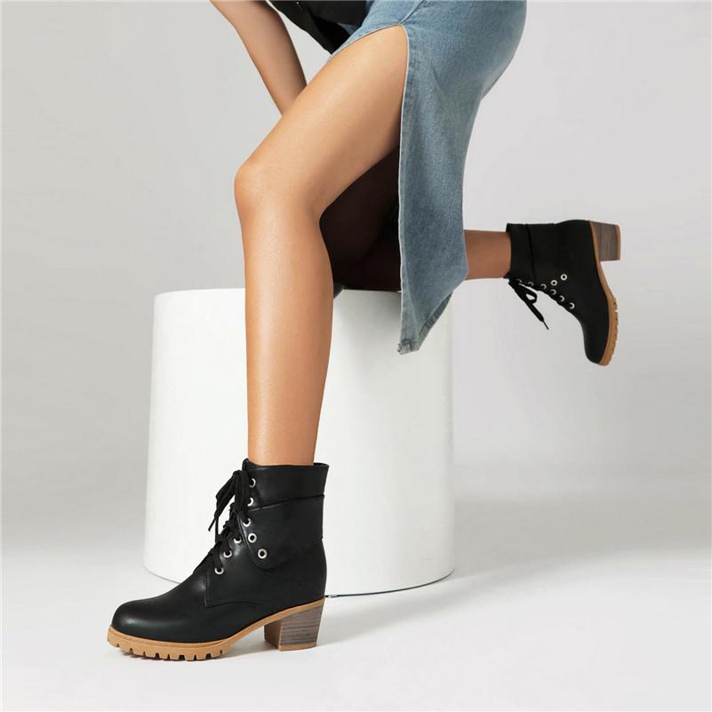 FOREADA Women Ankle Short Boots Round Toe Thick Mid Heels Lace-up Combat Boots Ladies Fashion Shoes Winter Black Blue Camel 43