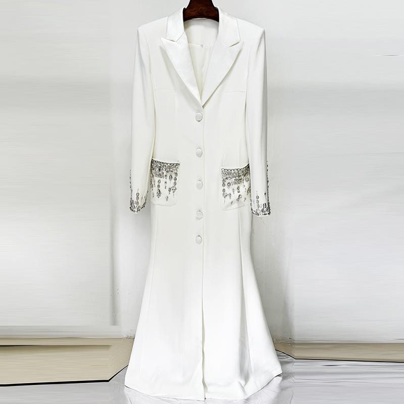 High Street Newest Designer Fashion Women's Long Sleeve Notched Collar Rhinestone Diamonds Beading Maxi Long Dress