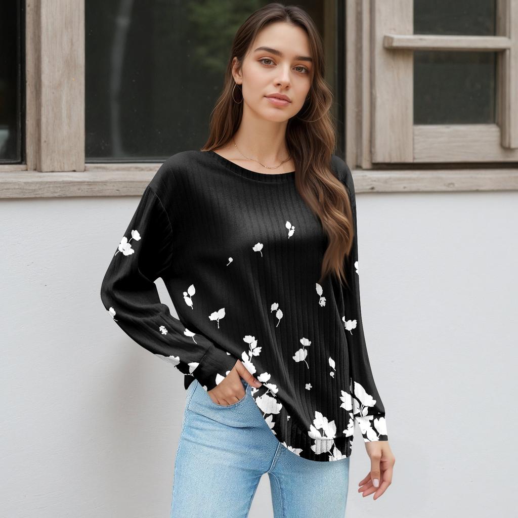 Women's Printed Lightweight Brushed-Cotton Round Neck Top