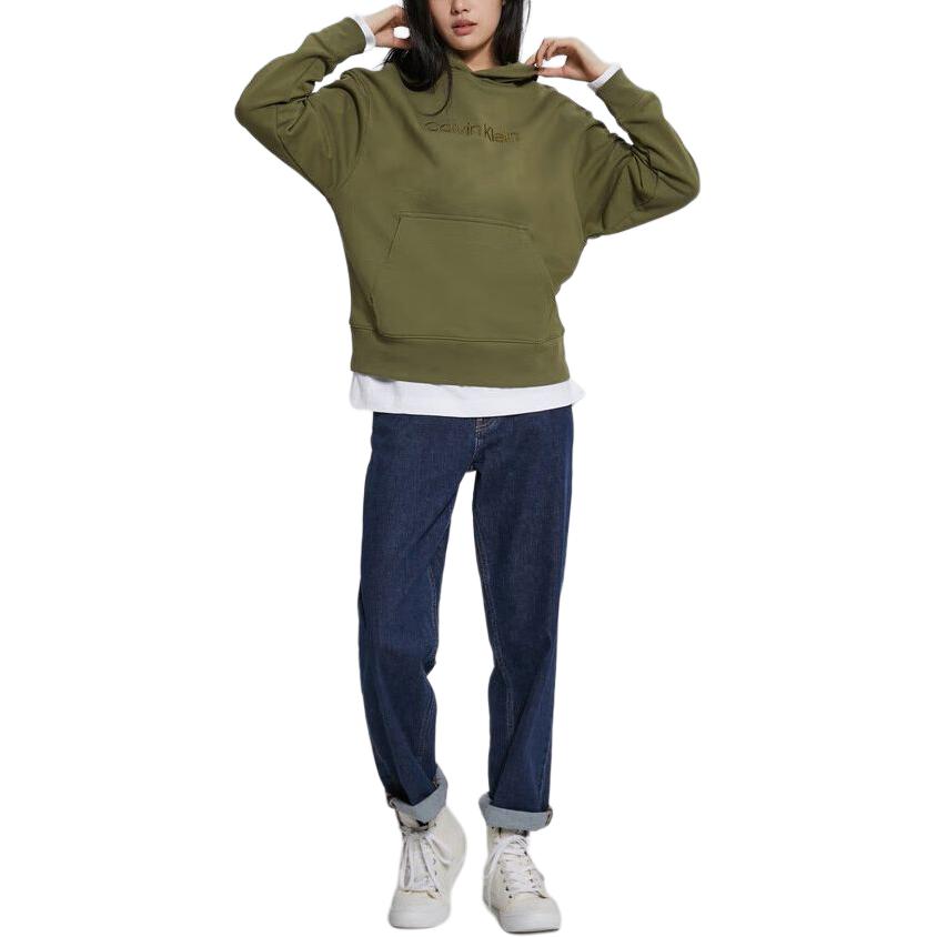 Calvin Klein Embroidered Logo Hoodie Long Sleeve Sweatshirt Women Tops Olive-Green 40WH106-0SR