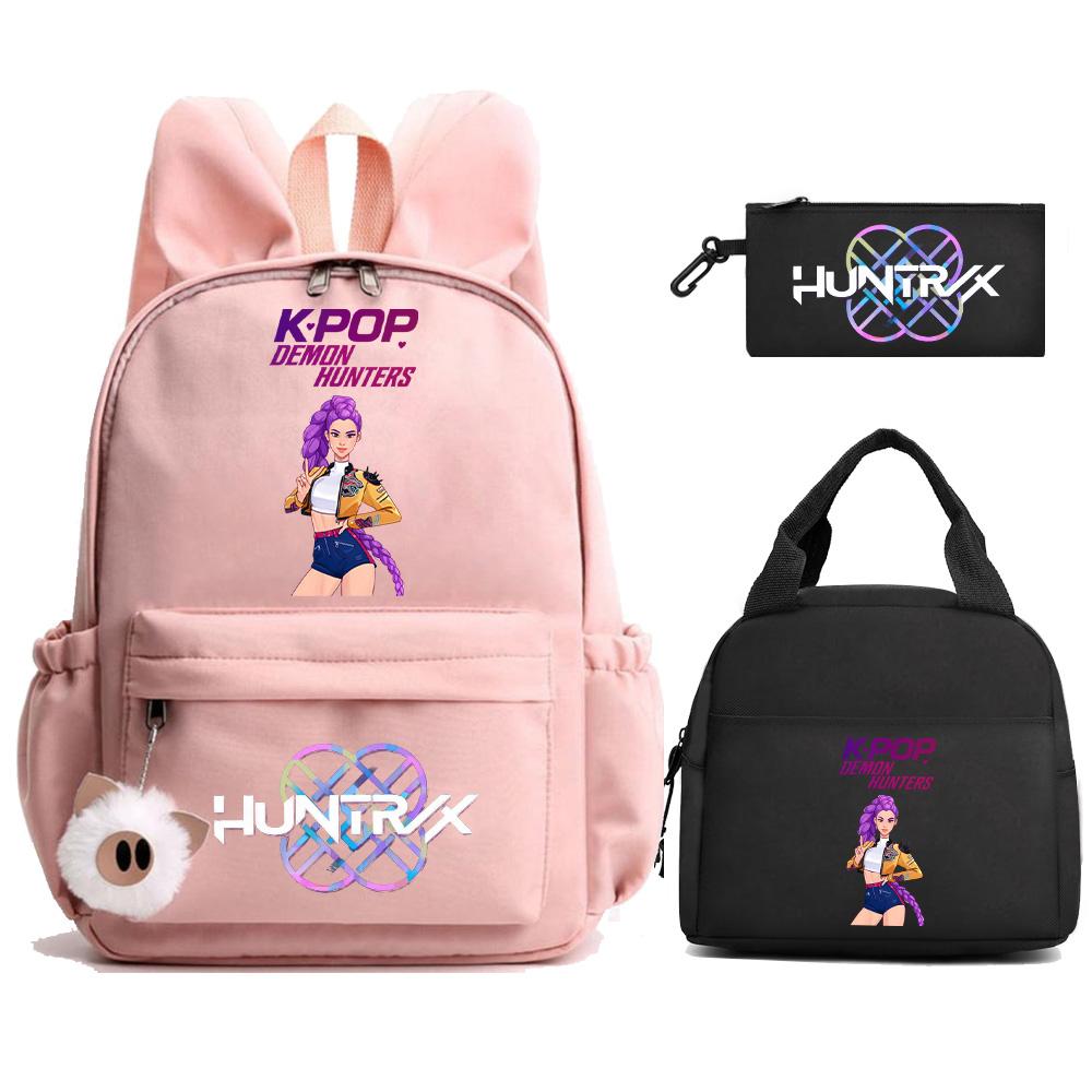 3 st/set Kpop Demon Hunters Tryckt Ryggsäck med Matlåda Pennfodral för Tonåring Flicka Pojke Tillbaka till Skolan Skolväska Stor Kapacitet Resväska