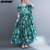 DIMANAF kobiety sukienka letnia Plus rozmiar plażowa sukienka lniana czeski nadruk kwiaty moda Lady Vestidos luźna długa sukienka na co dzień Oversize 9063