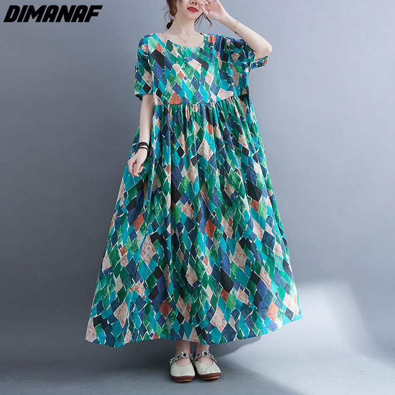 DIMANAF kobiety sukienka letnia Plus rozmiar plażowa sukienka lniana czeski nadruk kwiaty moda Lady Vestidos luźna długa sukienka na co dzień Oversize 9063