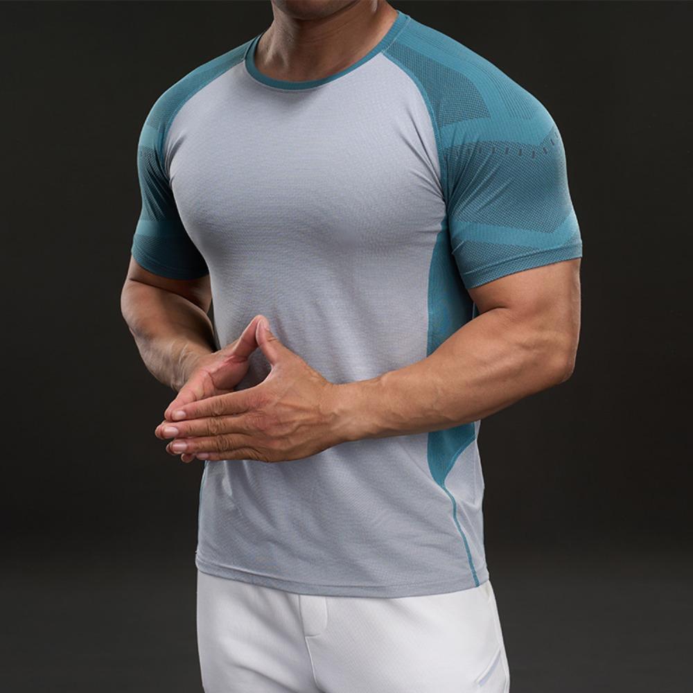 Summer Spliced Contrasting Ragdoll Sleeves American Style Casual Short-sleeved T-shirt Fashionable Sports Slim Elastic Fitness Outdoor T-shirt