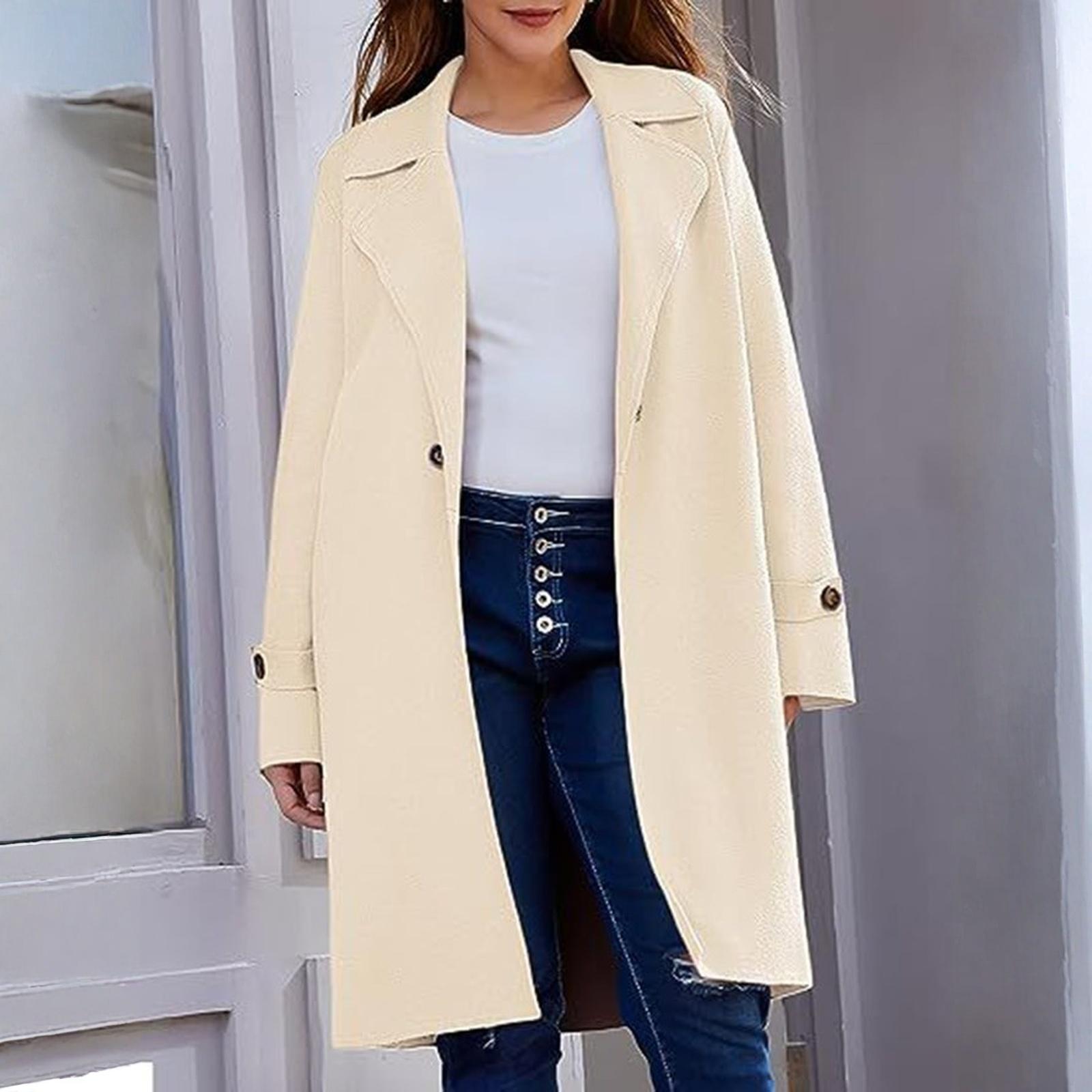 

Women s Fashion Jacket Casual Solid-color Long-sleeved Cardigan Long Coat M бежевый
