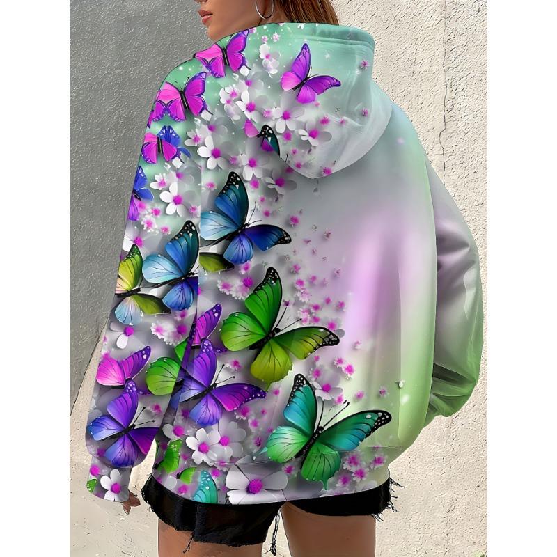 Chaqueta con capucha para mujer con estampado de mariposas y flores, cierre completo de cremallera - Diseño vibrante y colorido de mariposas y flores