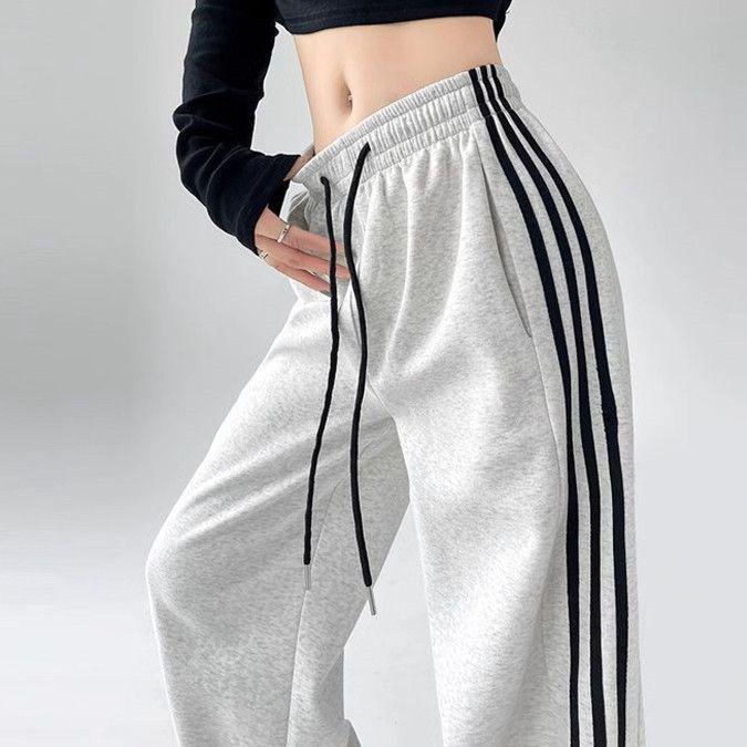 Γκρι Γυναικεία Ψηλόμεση Φαρδιά Φόρμα με Τρεις Ρίγες - Συλλογή Άνοιξη 2025, Κολακευτική, Ευέλικτη, Casual με Κορδόνι.