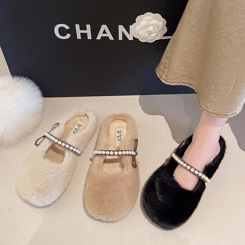 2025 New One-pedal Fluffy Shoes for Women's Autumn and Winter Outer Wear Fleece Single Shoes Flat-soled Large-size Warm Doudou Shoes