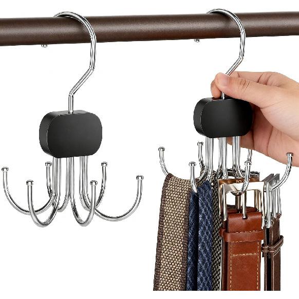 2PCS Belt Tie Hanger, 360°Rotatable Closet Organizer with 6 Hooks, Metal & Wood, Black