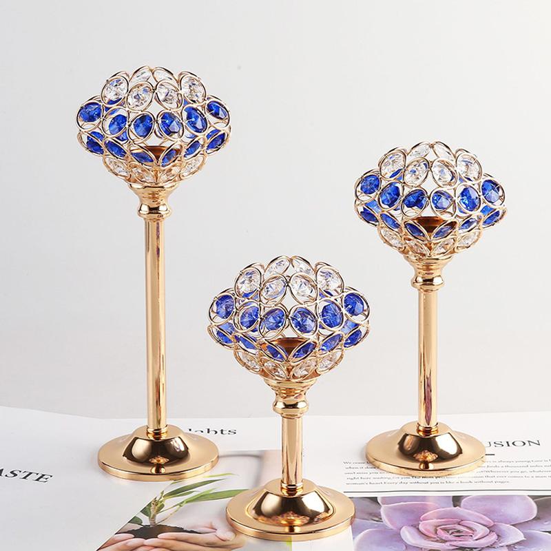 Metall Kerzenhalter Blauer Kristall Goldener Kerzenständer Kerzenleuchter Kandelaber Hochzeitsmittelstücke Dekoration Tisch Heimdekor