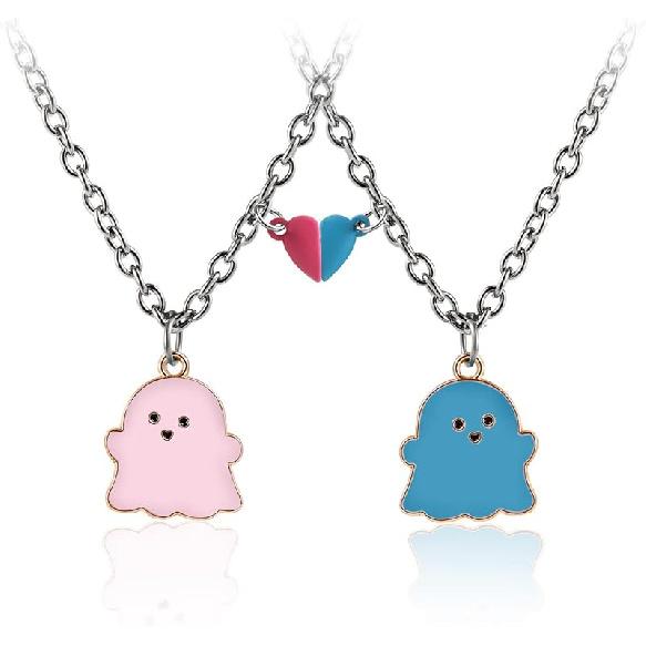 2Pcs Lovely Magnetic Love Heart Ghost Pendant Necklace Set for Women Men Best Friend Enamel Mutual Attract Magnet Couple Matching Necklace Halloween