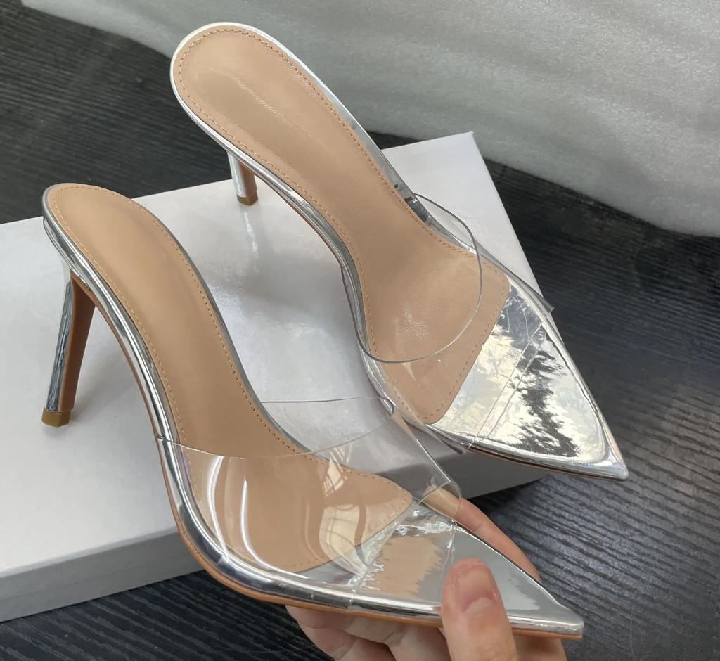 Summer New Women's High-heeled Sandals Transparent High-heeled Slippers Stiletto Pointed Toe Slip-on High-heeled Sandals