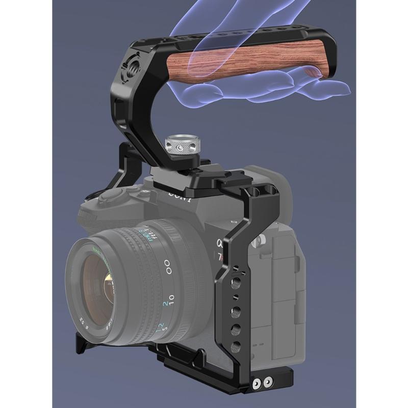 DSLR Wood Handle with 1/4 and 3/8 Threaded Holes Includes Cold Shoe Mounts Adapters for Camera Cage Rig