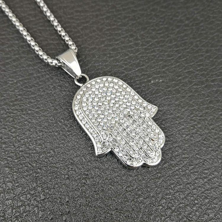 Collane Amuleto Palma di Fatima Hamsa Colore Oro Hip Hop Punk Acciaio Inossidabile 316L con Ciondolo Zircone per Uomo Donna Gioielli di Preghiera
