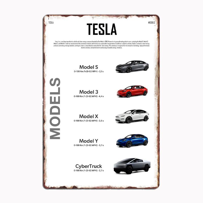 

Металевий знак Постер Моделі автомобілів Tesla Декор для гаража, кімнати, Автомобільний клуб, Бляшаний, Домашній декор 30x40cm(11.8x15.7inch)