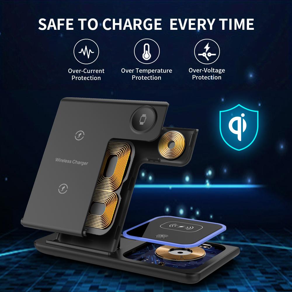 30W LED Fast Wireless Charger Stand 3 In 1 Foldable Charging Station For iPhone 15 14 13 12 11 Apple Watch 9 8 7 6 5 Airpods Pro