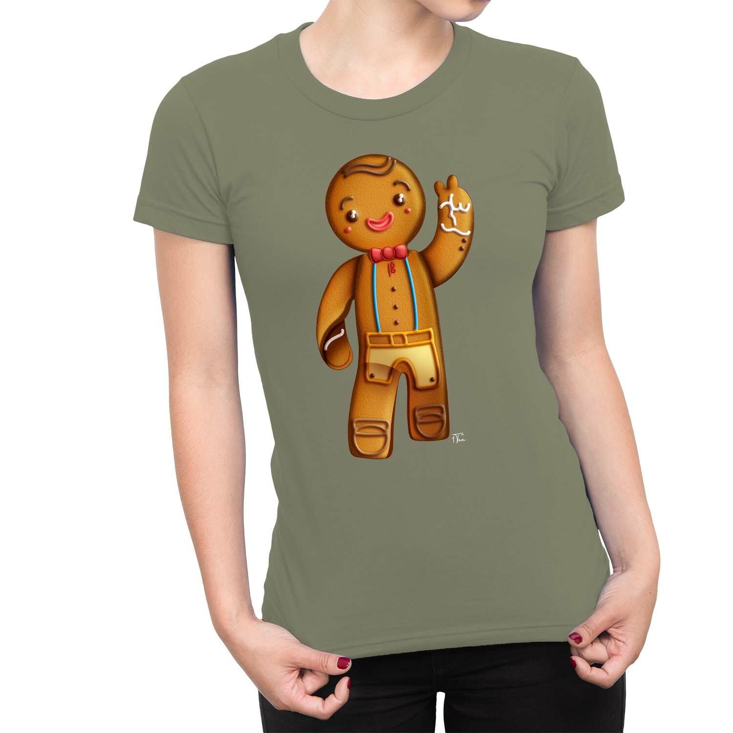 1Tee Womens Happy Gingerbread Man. Waving Christmas T-Shirt XL