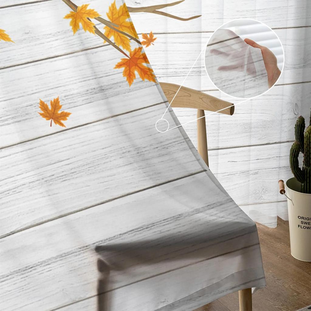 Maple Leaf Farmhouse Retro Wood Grain Tulle Curtain for Living Room Kitchen Bedroom Sheer Tulle for Cafe Hotel Modern Home Decor