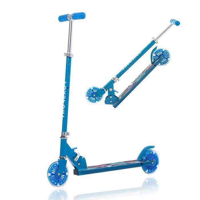 FOXSPORT Trottinette pliante pour enfants avec roues LED, 3 hauteur guidon réglable, trottinette pour enfants avec frein-bleu