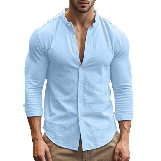 Men Cotton Linen Shirt Long Sleeve Button Down Shirt Band Collar Casual Summer Shirt