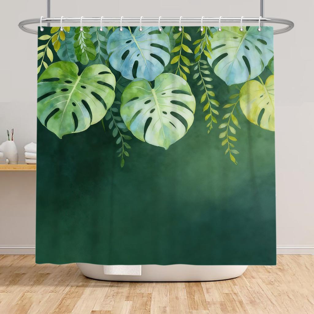 Badezimmer-Duschvorhang mit tropischem Pflanzenmotiv Grüne Blätter Lila Blumen Dekoration Wasserdichter Badezimmervorhang mit Haken