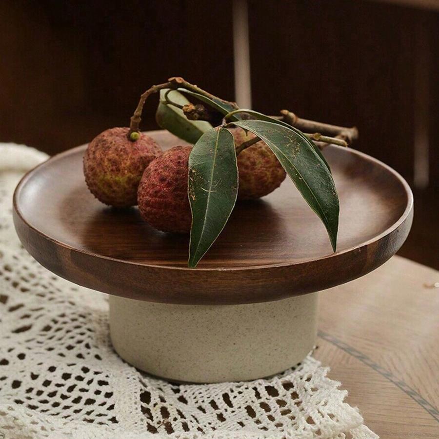 Vintage Acacia Wood Jewelry Tray Japanese Style Serving Tray For Living Room Fruits Snacks Desserts Ceramic Display Stand