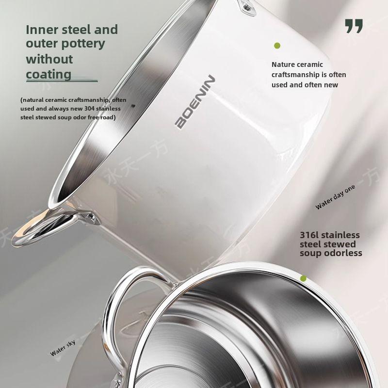 Uncoated 304 Ceramic Thickening Steamer Double Ear Milk Pot Stainless Steel Household Stockpot Induction Cooker Universal